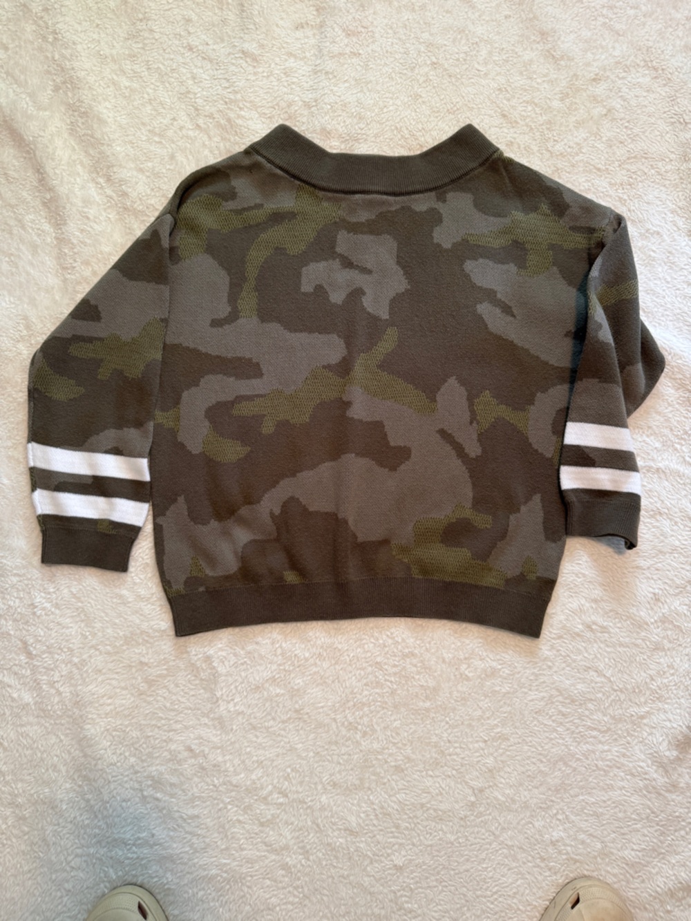 Womens Olive Camo Knit Pullover with White Stripe Sleeves